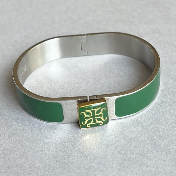 Rustic Cuff Enamel Green and Stainless Hinged Logo Bracelet - Picture 2 of 5